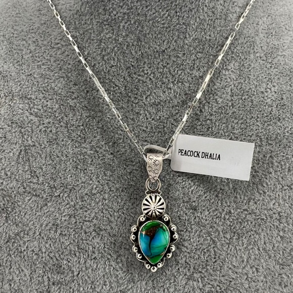 Sterling Silver 925 Peacock Dahlia Turquoise Pendant Necklace 20" Paperclip - Picture 1 of 6
